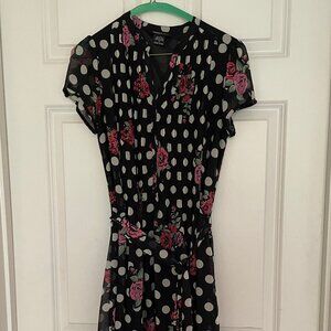 chiffon summer dress polka dot with pink rose pattern short sleeved- sweet